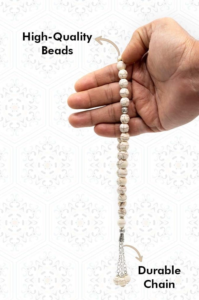 Midas Natural White Jasper Prayer Beads – 10mm 33 + 5 Bead Islamic Tasbih Misbaha for Healing, Calmness & Spiritual Balance - Image 3