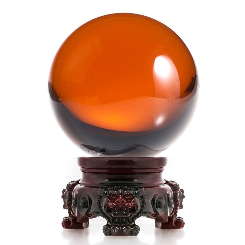 Amlong Crystal 3 inch 80mm Amber Crystal Ball with Redwood Lion Resin Stand and Gift Box for Decorative Ball Lensball Photography Gazing Divination or Feng Shui and Fortune Telling Ball