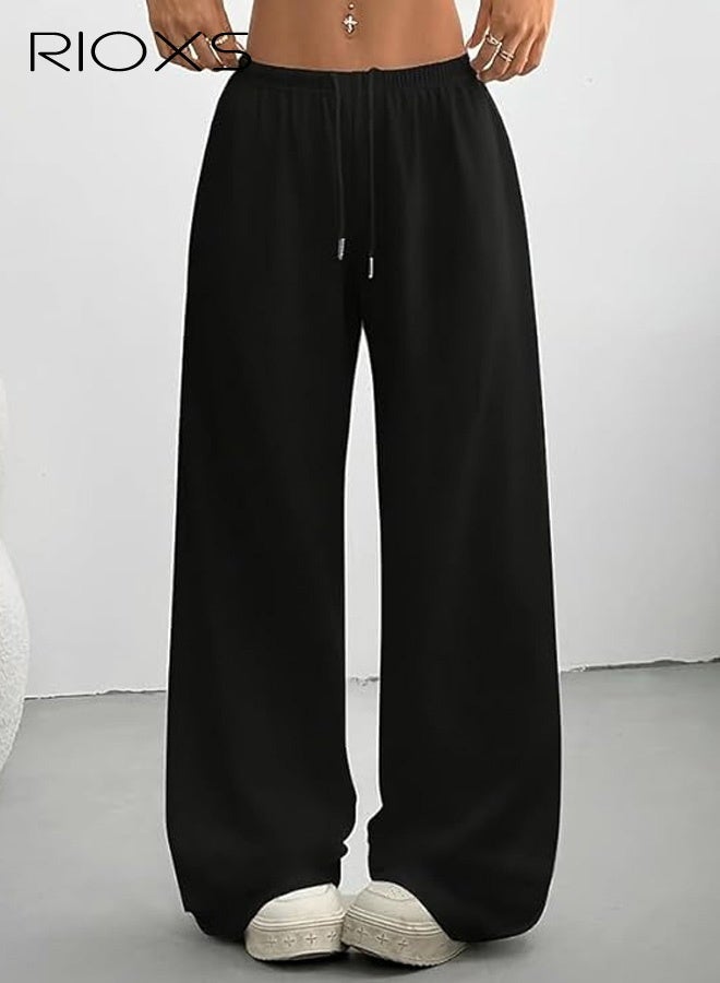 RIOXS 2 Pcs Men's Baggy Sweatpants, Straight Wide Leg Elastic Drawstring Waist Athletic Sweatpants with Pockets, Loose Fit Lounge Track Pants, Spring Fall Soft Breathable Sports Pants Workout Open Bottom Trousers, for Hiking, Runnig, Yoga, Biking, Daily Wear, Black + Gray - Image 2