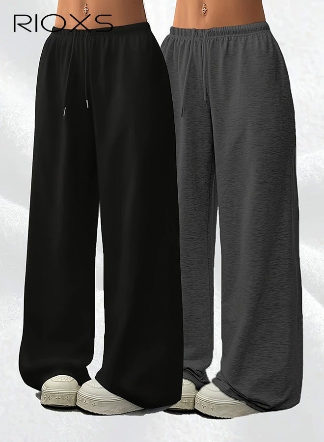 RIOXS 2 Pcs Men's Baggy Sweatpants, Straight Wide Leg Elastic Drawstring Waist Athletic Sweatpants with Pockets, Loose Fit Lounge Track Pants, Spring Fall Soft Breathable Sports Pants Workout Open Bottom Trousers, for Hiking, Runnig, Yoga, Biking, Daily Wear, Black + Gray - Image 1