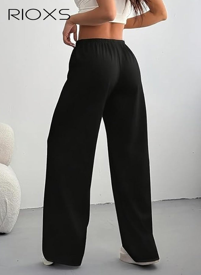 RIOXS 2 Pcs Men's Baggy Sweatpants, Straight Wide Leg Elastic Drawstring Waist Athletic Sweatpants with Pockets, Loose Fit Lounge Track Pants, Spring Fall Soft Breathable Sports Pants Workout Open Bottom Trousers, for Hiking, Runnig, Yoga, Biking, Daily Wear, Black + Gray - Image 3