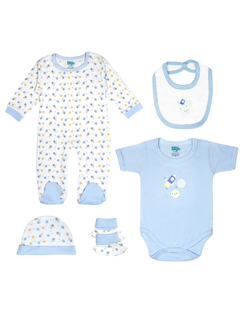 Babies Basic 5 piece Unisex 100% Cotton Sets include Bib, Romper, Mittens, Cap and Sleepsuit/Jumpsuit - Image 1