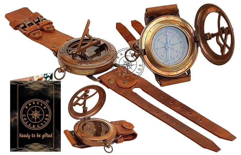 Hanzla Collection Hanzla Collection Steampunk Antique Brass Sundial Compass Handmade Leather Band Wrist Compass and Nautical Sundial Watch 