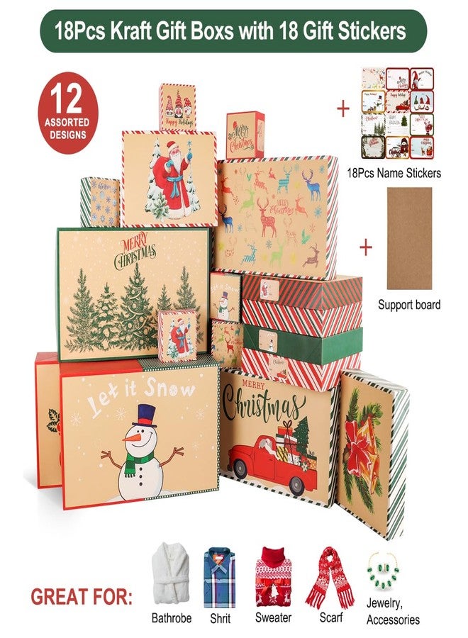 Giiffu 18 Kraft Christmas Gift Boxes with Lids, 12 Designs & 4 Sizes with Gift Stickers, Assorted Size Decorative Holiday Gift Boxes for Wrapping Robes, Sweater, Shirt, Clothes, Xmas Present(Brown) - Image 3
