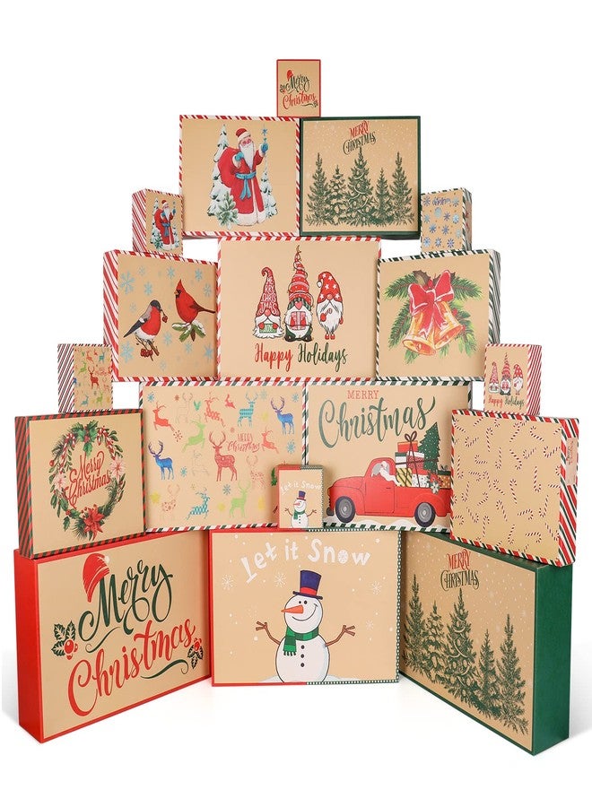 Giiffu 18 Kraft Christmas Gift Boxes with Lids, 12 Designs & 4 Sizes with Gift Stickers, Assorted Size Decorative Holiday Gift Boxes for Wrapping Robes, Sweater, Shirt, Clothes, Xmas Present(Brown) - Image 1