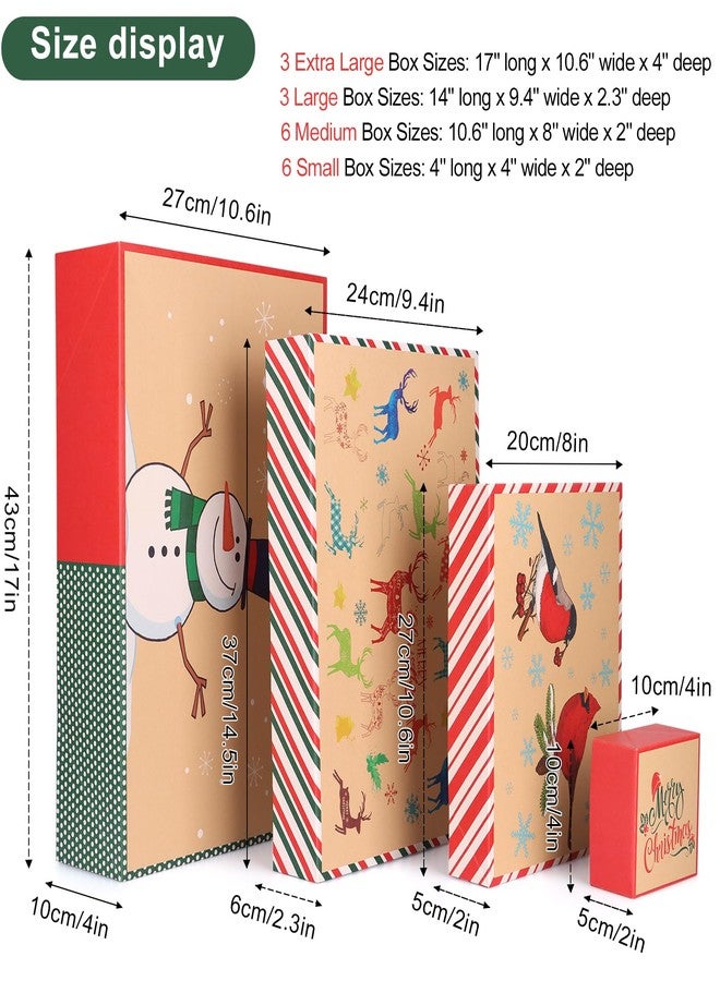 Giiffu 18 Kraft Christmas Gift Boxes with Lids, 12 Designs & 4 Sizes with Gift Stickers, Assorted Size Decorative Holiday Gift Boxes for Wrapping Robes, Sweater, Shirt, Clothes, Xmas Present(Brown) - Image 2