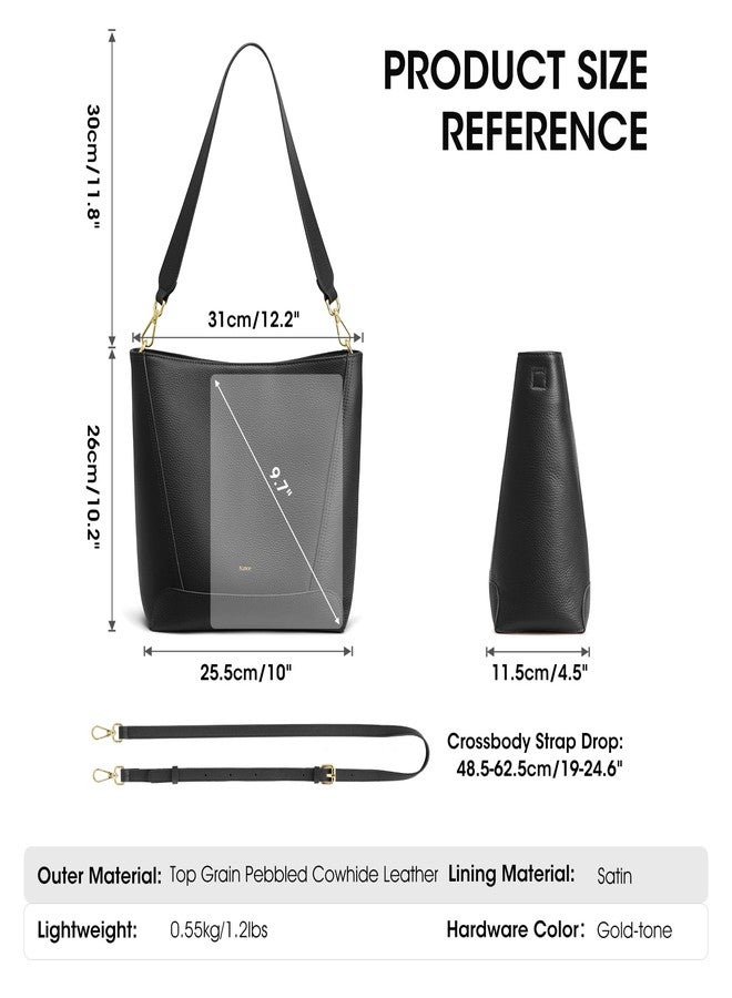 Kattee Leather Purses and Handbags Trendy, Bucket Bags for Women, Top Grain Leather Hobo Tote Shoulder Crossbody Bag with 2 Straps, Black - Image 3