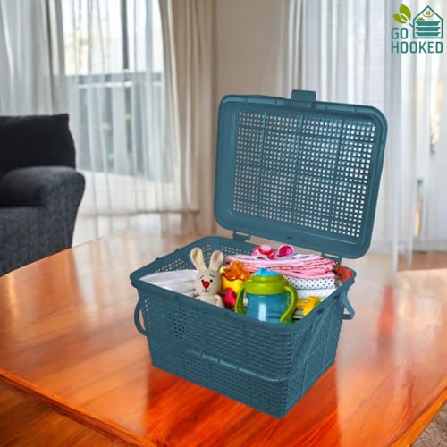 Go Hooked Kids Picnic Storage Basket with Lid & Snap Lock | Multipurpose Toys, Diaper & Essentials Organizer | Durable Plastic Storage Basket with Handle for Home & Travel (Grey) - Image 2
