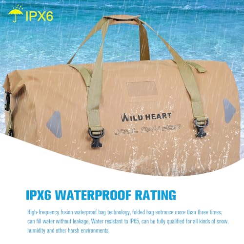 WILD HEART Motorcycle Dry Bag - Waterproof Duffle & Luggage Tail Bag Saddle Bags with Roll Top Closure, Shoulder Straps, Inner Pocket and Straps(66L,Khaki) - Image 2