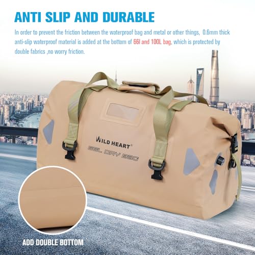 WILD HEART Motorcycle Dry Bag - Waterproof Duffle & Luggage Tail Bag Saddle Bags with Roll Top Closure, Shoulder Straps, Inner Pocket and Straps(66L,Khaki) - Image 3