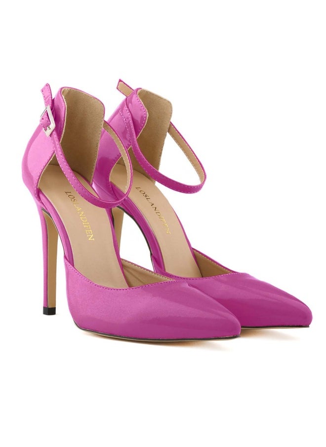 Loquat Stylish enclosed-heel pointed-toe square-buckle candy-colored thin-strap stiletto high heels Purple  - Image 2