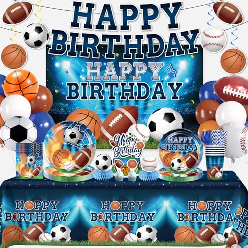 Yingoto 222Pcs Sports Birthday Party Decorations Amp Up Your Sports Themed Party for 25 Guests Includes Banner Plates Tablecloth Cupcake Toppers and Aluminum Balloons for Boy Birthday Party Decorations - Image 1