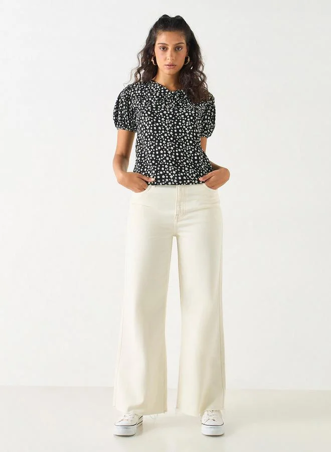 2Xtremz 2Xtremz Printed Top with Tie-Up Neck and Short Sleeves
