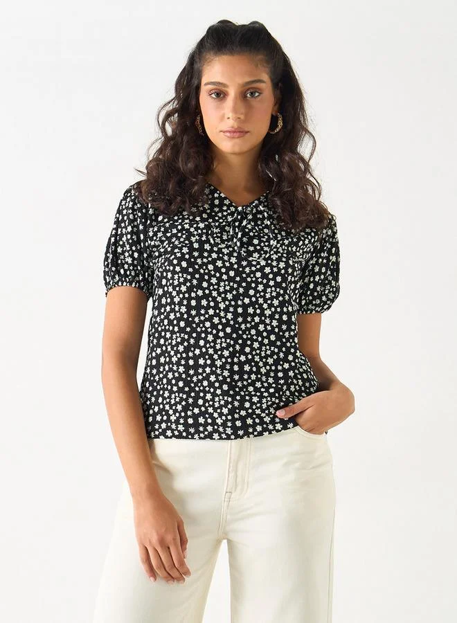 2Xtremz 2Xtremz Printed Top with Tie-Up Neck and Short Sleeves