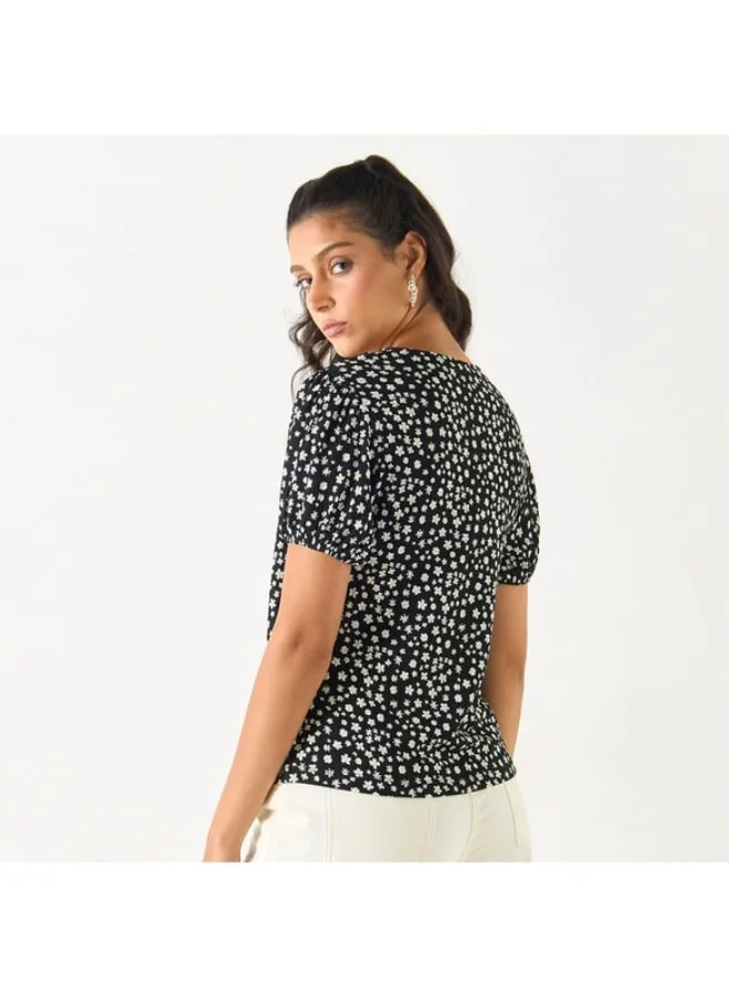 2Xtremz 2Xtremz Printed Top with Tie-Up Neck and Short Sleeves
