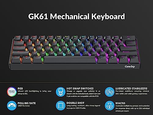 Geeky GK61 60% | Hot Swappable Mechanical Gaming Keyboard | 61 Keys Multi Color RGB LED Backlit for PC/Mac Gamer | ANSI US American Layout (Black, Mechanical Speed Silver) - Image 5