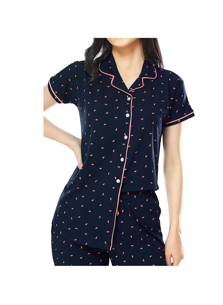 Women's Cotton Flash Printed Night Suit set of Shirt & Pajama Set