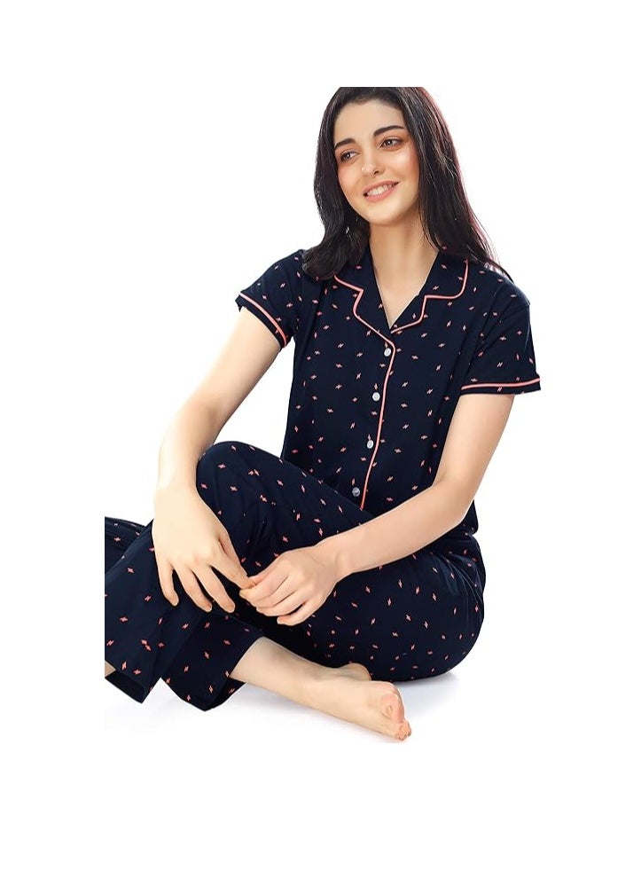 Women's Cotton Flash Printed Night Suit set of Shirt & Pajama Set