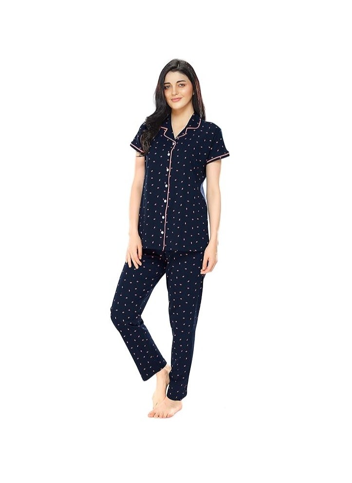 Women's Cotton Flash Printed Night Suit set of Shirt & Pajama Set