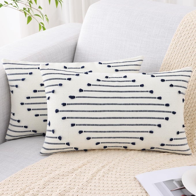 BOHO OUTDOOR THROW PILLOW COVERS 12X20 SET OF 2 FARMHOUSE LUMBAR SUMMER PILLOW COVERS FOR COUCH SOFA LIVING ROOM NAVY CREAM WHITE