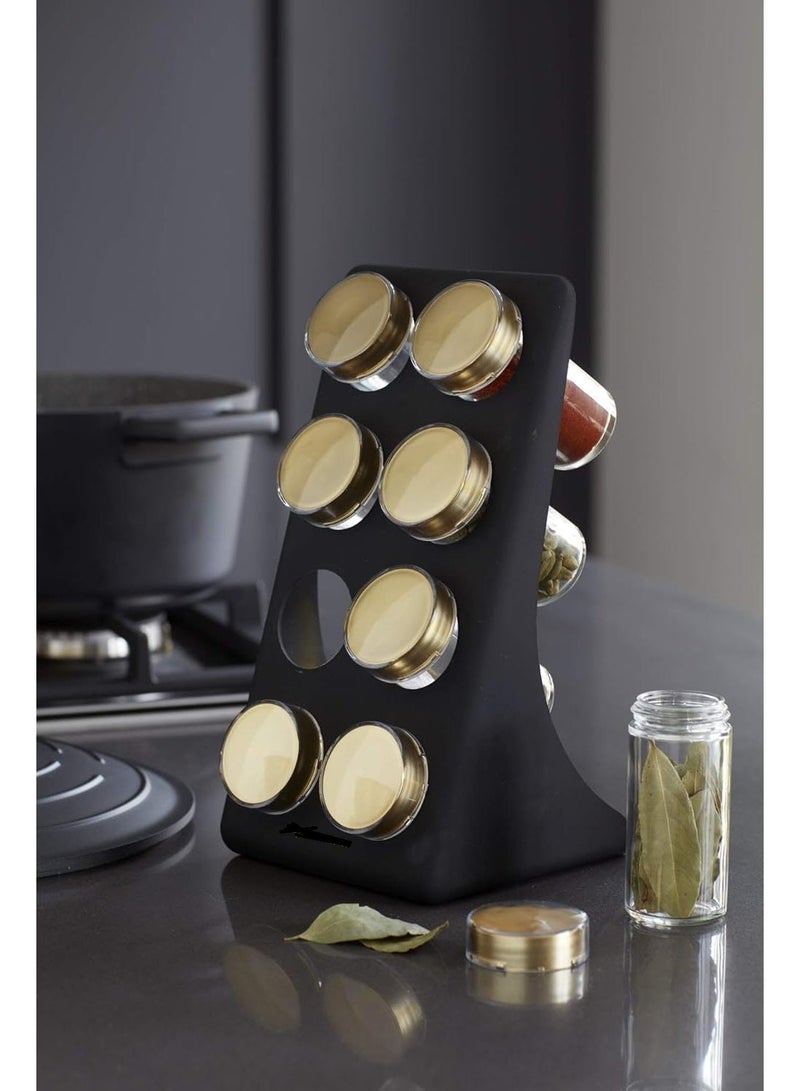 Kimaya Herb and Spice Rack Set with 8 Brass Finish Lidded Jars and Gift Box, Blackened Brass - Image 1