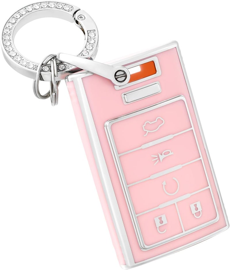 OFFCURVE Key Fob Cover white Keychain for Cadillac, TPU Car Key Case Protector for Cadillac SRX ATS ELR XTS 2010 2011 2012 2013 2014 2015 Keyless Entry Remote Control Start Car Key Accessories, Pink - Image 1