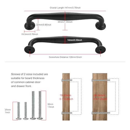 TUNNY 10 Pack Cabinet Handles-5"/128mm Screw Spacing Matte Black Furniture Hardware Handles for Kitchen Cabinets Bedroom Dresser Wardrobe Cabinet Pulls - Image 2