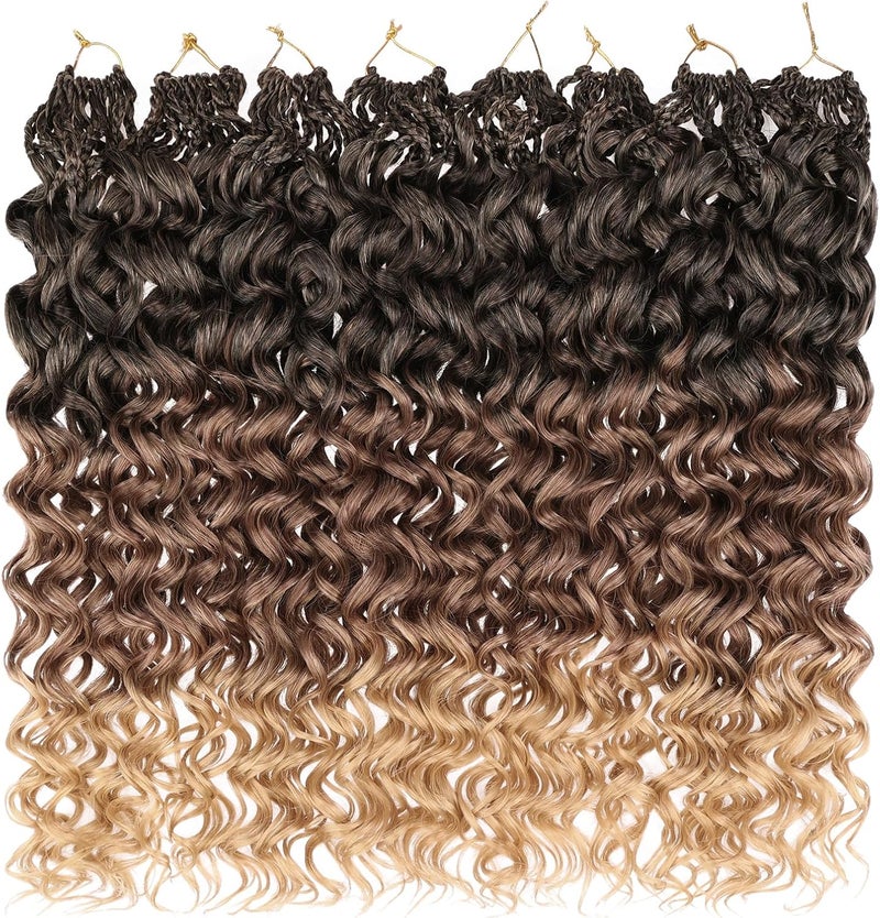 Leeven Gogo Curl Crochet Hair 14 Inch 8 Packs Ombre Brown to Honey Blonde Ocean Wave Crochet Hair Pre Looped Deep Twist Goddess Box Braids Short Curly Water Wave Synthetic Hair for Women Girl Kids - Image 5