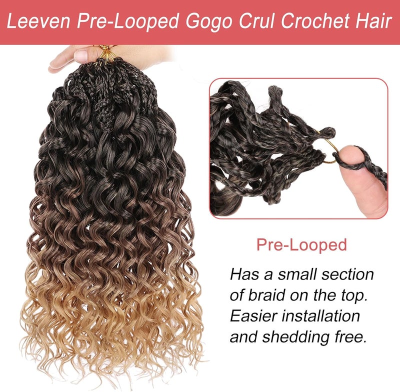 Leeven Gogo Curl Crochet Hair 14 Inch 8 Packs Ombre Brown to Honey Blonde Ocean Wave Crochet Hair Pre Looped Deep Twist Goddess Box Braids Short Curly Water Wave Synthetic Hair for Women Girl Kids - Image 2