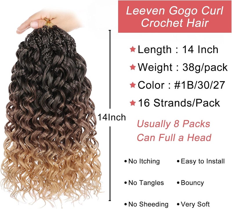 Leeven Gogo Curl Crochet Hair 14 Inch 8 Packs Ombre Brown to Honey Blonde Ocean Wave Crochet Hair Pre Looped Deep Twist Goddess Box Braids Short Curly Water Wave Synthetic Hair for Women Girl Kids - Image 3