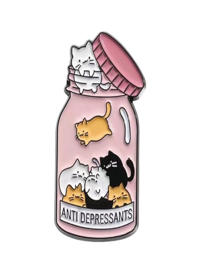 Cykdohy Cute Cartoon Cat in Pink Bottle Enamel Brooch for Women Girls Fun Kawaii Animal Brooches ANTI DEPRESSANTS Letter Lapel Pins Badge Clothing Bags Jackets Hat Suit Decoration DIY Accessories Pin - Image 1