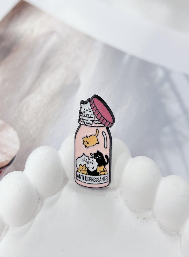 Cykdohy Cute Cartoon Cat in Pink Bottle Enamel Brooch for Women Girls Fun Kawaii Animal Brooches ANTI DEPRESSANTS Letter Lapel Pins Badge Clothing Bags Jackets Hat Suit Decoration DIY Accessories Pin - Image 3