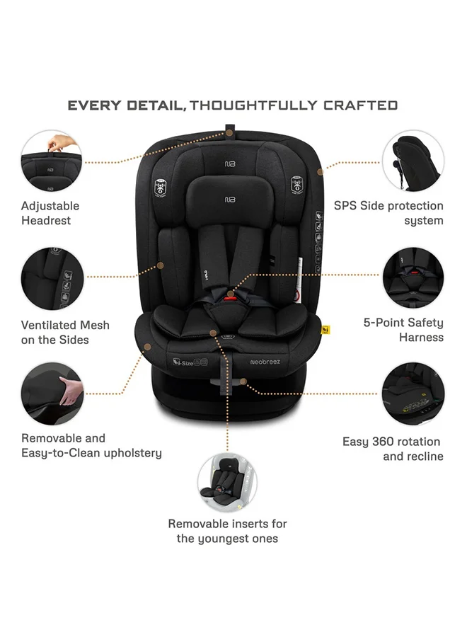 neobreez I-VILO 360° Rotatable ISOFIX All-in-1 Convertible Baby Toddler Kids Child Car Seat, I-Size ECER129,  Recline&Adjustable, Side Impact Protection, Memory Foam 0-12Yrs, 0-36Kg, Group 0+/1/2/3, 5 Point Harness