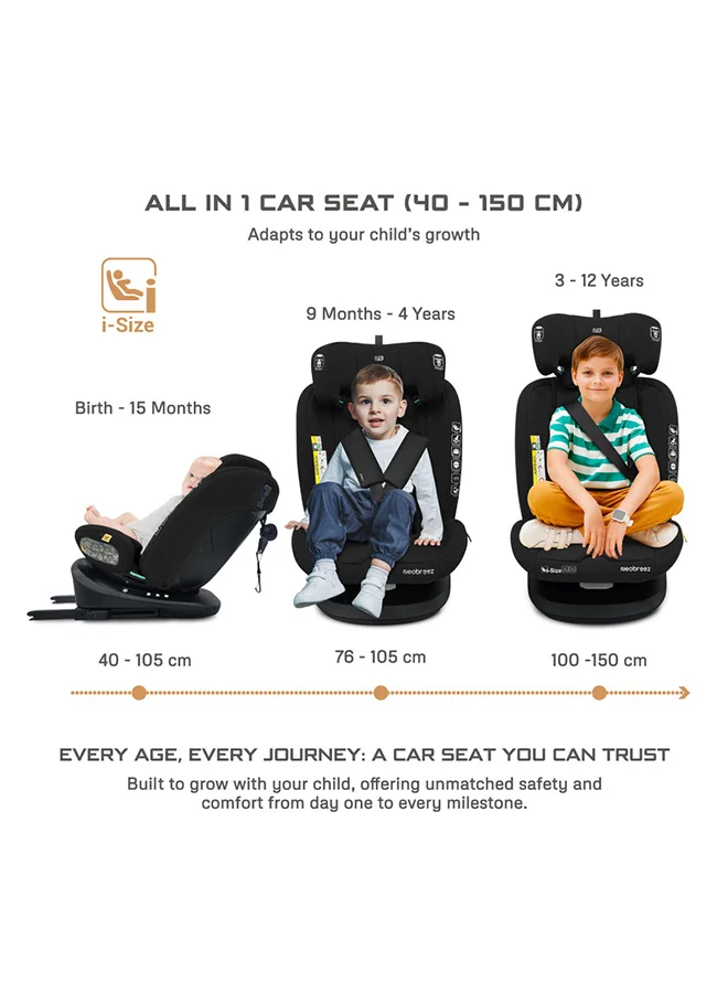 neobreez I-VILO 360° Rotatable ISOFIX All-in-1 Convertible Baby Toddler Kids Child Car Seat, I-Size ECER129,  Recline&Adjustable, Side Impact Protection, Memory Foam 0-12Yrs, 0-36Kg, Group 0+/1/2/3, 5 Point Harness