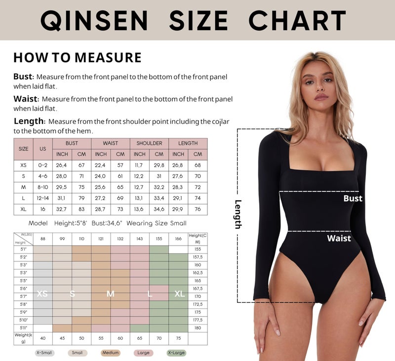 QINSEN Black Bodysuit for Women Sexy Square Neck Long Sleeve Slimming Shirt Tops S - Image 5