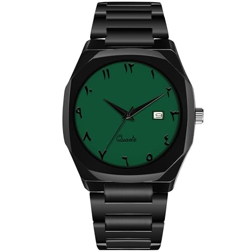 CERO Modern Arabic Numeral Watch Black Stainless Steel Band, Octagonal Case, Analogue Date Display for Man (Green) - Image 1