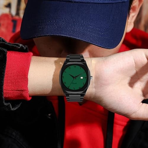 CERO Modern Arabic Numeral Watch Black Stainless Steel Band, Octagonal Case, Analogue Date Display for Man (Green) - Image 4