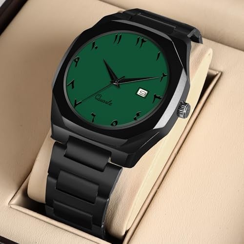 CERO Modern Arabic Numeral Watch Black Stainless Steel Band, Octagonal Case, Analogue Date Display for Man (Green) - Image 3