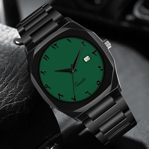 CERO Modern Arabic Numeral Watch Black Stainless Steel Band, Octagonal Case, Analogue Date Display for Man (Green) - Image 2