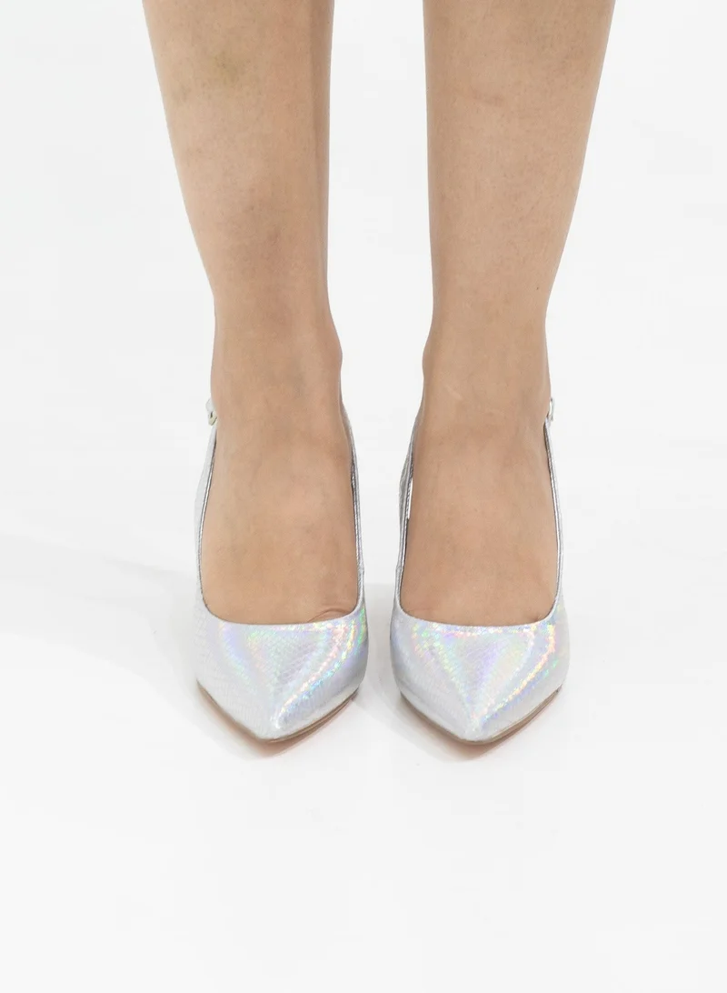 LAMARAPARIS Prisha pointy sling back on a 9cm block heel silver