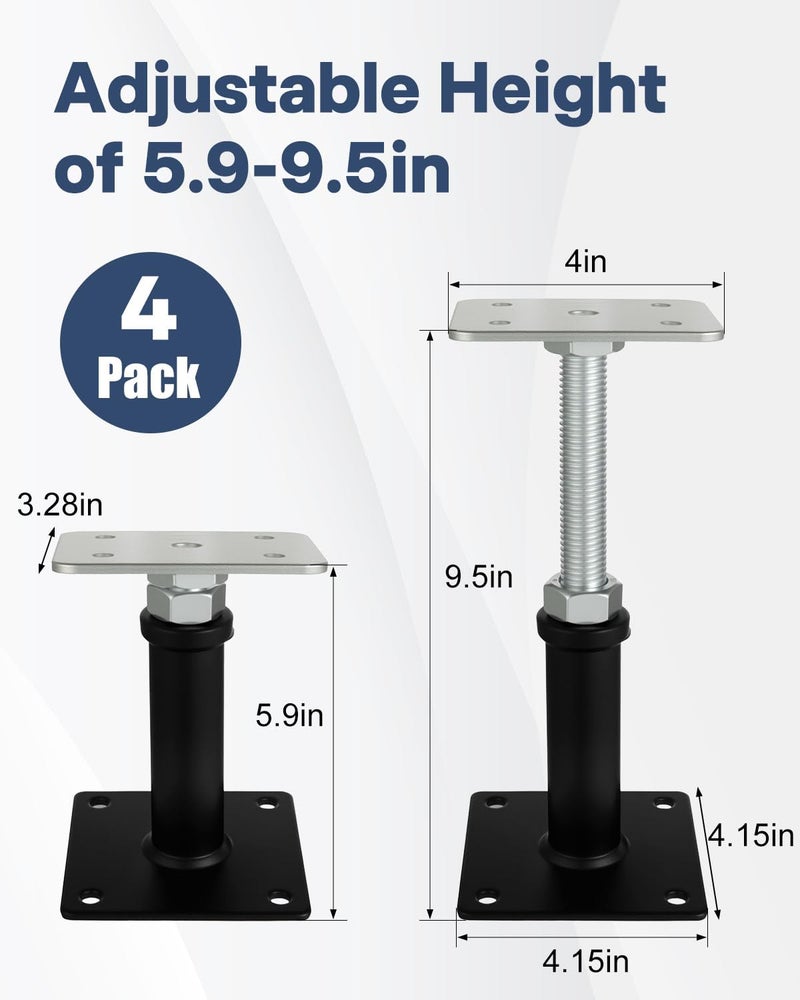 Alffun 4 Pack House Jacks for Leveling, Screw Jack Adjustable Floor Jack Post 6" to 9.5" Height Range, 4409 lbs Max Height Capacity, Crawl Space Jacks for Stairs, Porches, Roof Beams, Temporary Support - Image 2
