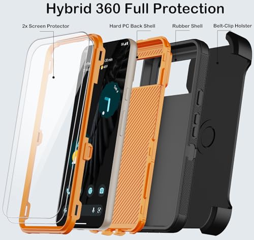 KECAI for Google Pixel 7 Case with Belt Clip Holster,2X Screen Protector,Heavy Duty Shockproof Drop Protection Military Grade Full Body Rugged Phone Cover with Kickstand Black Orange - Image 3