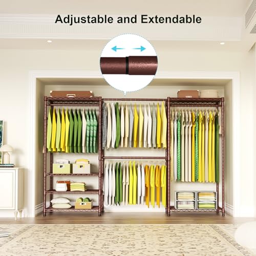 Ulif E1 Heavy Duty Closet Garment Rack, 6 Tiers Adjustable Metal Freestanding Expandable Clothing Storage with 4 Hanger Rods, Easy to Assemble Wardrobe, 71.4" H x (70" - 88.2") L x 14" D, Bronze - Image 3