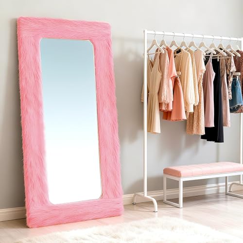 MTWENWENZY Fluffy Full Length Mirror Cover Universal Ultra Soft Non-Slip Border with Adhesive Tape Pink Fuzzy Frame Decor for Standing Mirror Bedroom Cloakroom Home Decor Women Gifts (pink, 64 x 21 Inch) - Image 4