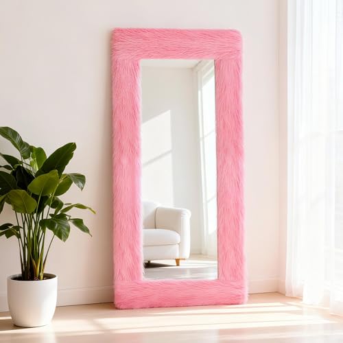 MTWENWENZY Fluffy Full Length Mirror Cover Universal Ultra Soft Non-Slip Border with Adhesive Tape Pink Fuzzy Frame Decor for Standing Mirror Bedroom Cloakroom Home Decor Women Gifts (pink, 64 x 21 Inch) - Image 1