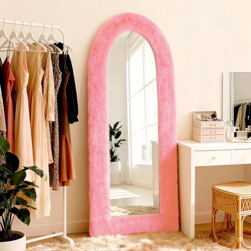 MTWENWENZY Fluffy Full Length Mirror Cover Universal Ultra Soft Non-Slip Border with Adhesive Tape Pink Fuzzy Frame Decor for Standing Mirror Bedroom Cloakroom Home Decor Women Gifts (pink, 64 x 21 Inch) - Image 3
