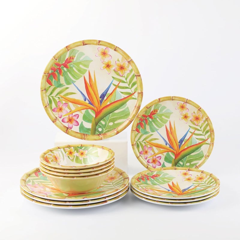 UPware 12 Piece Bird of Paradise Melamine Dinnerware Sets Outdoor Dishes Set Plates and Bowls Sets Service for 4 Multicolor - Image 2