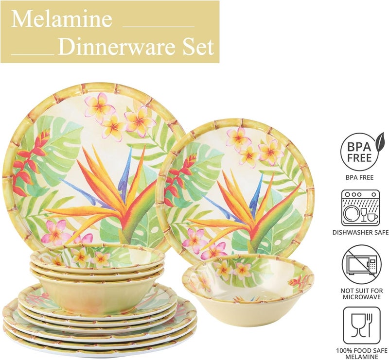 UPware 12 Piece Bird of Paradise Melamine Dinnerware Sets Outdoor Dishes Set Plates and Bowls Sets Service for 4 Multicolor - Image 4