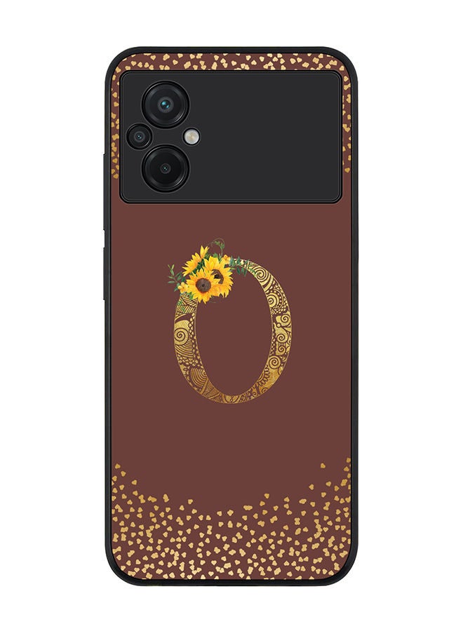 Stylizedd Rugged Black edge case for Xiaomi Poco M5 Slim fit Soft Case Flexible Rubber Edges Anti Drop TPU Gel Thin Cover - Custom Monogram Initial Letter Floral Pattern Alphabet - O (Brown ) - Image 1