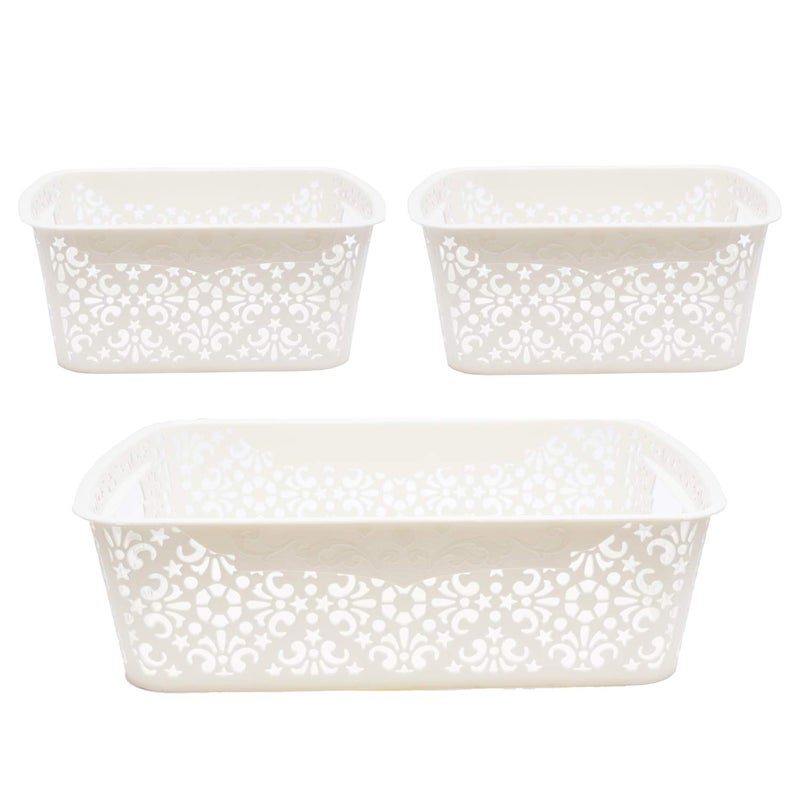 SIMPARTE Plastic Turkish Rectangular Basket for Storage KitchenVegetables Toys Books Office Stationery Utility Cosmetics Accessories Closet Wardrobe Cream 2 Small 1 Medium Set of 3 - Image 1